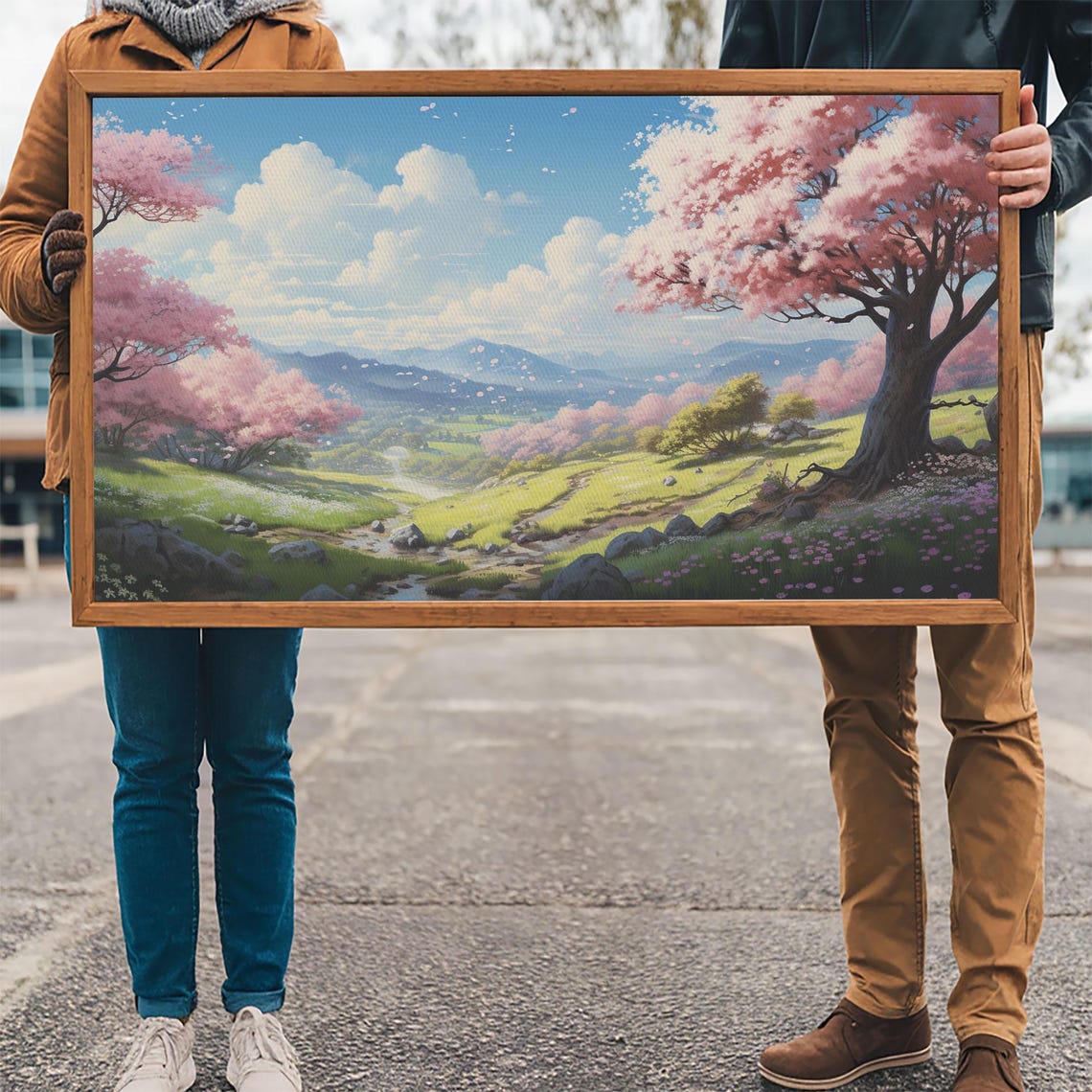 Cherry Blossom Valley Mountain Stream Spring Landscape Art Poster - Image 3