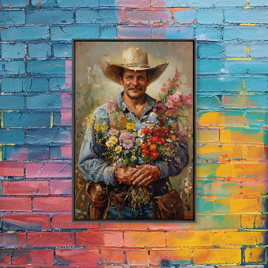 Smiling Cowboy Holding Wildflower Bouquet Colorful Western Art Poster - Image 2