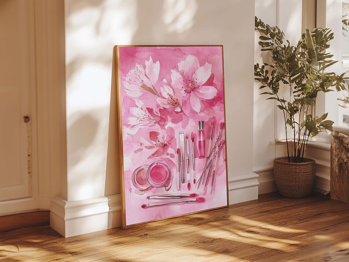 Cherry Blossom Print Featuring Makeup And Brush Theme Perfect Whimsical And Light Pink Wall Art Bedroom Or Bathroom Decor - Image 4