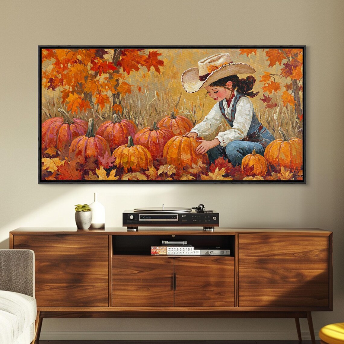 Little Cowgirl Picking Pumpkins In A Fall Pumpkin Patch Art Print