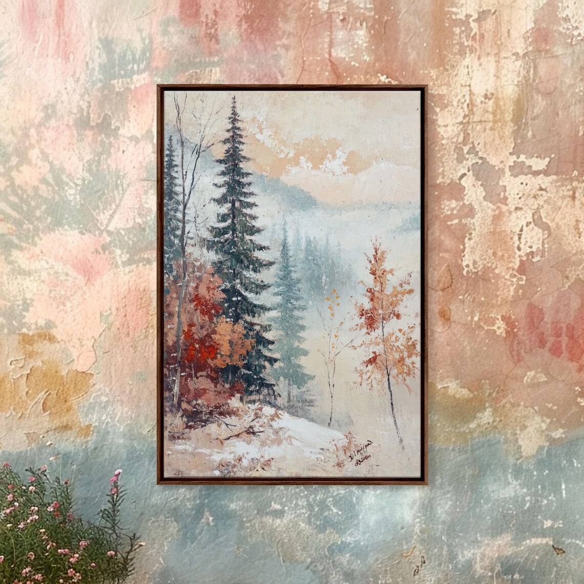 Snowy Winter Pines Birch Trees Orange Leaves Landscape Poster - Image 4
