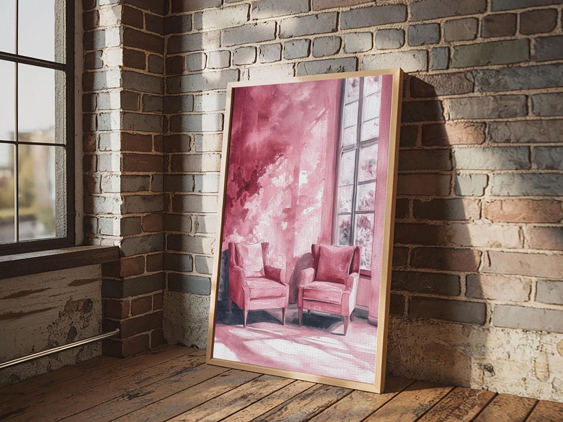 Pink Armchairs By Window Cozy Watercolor Interior Reading Nook Art - Image 4