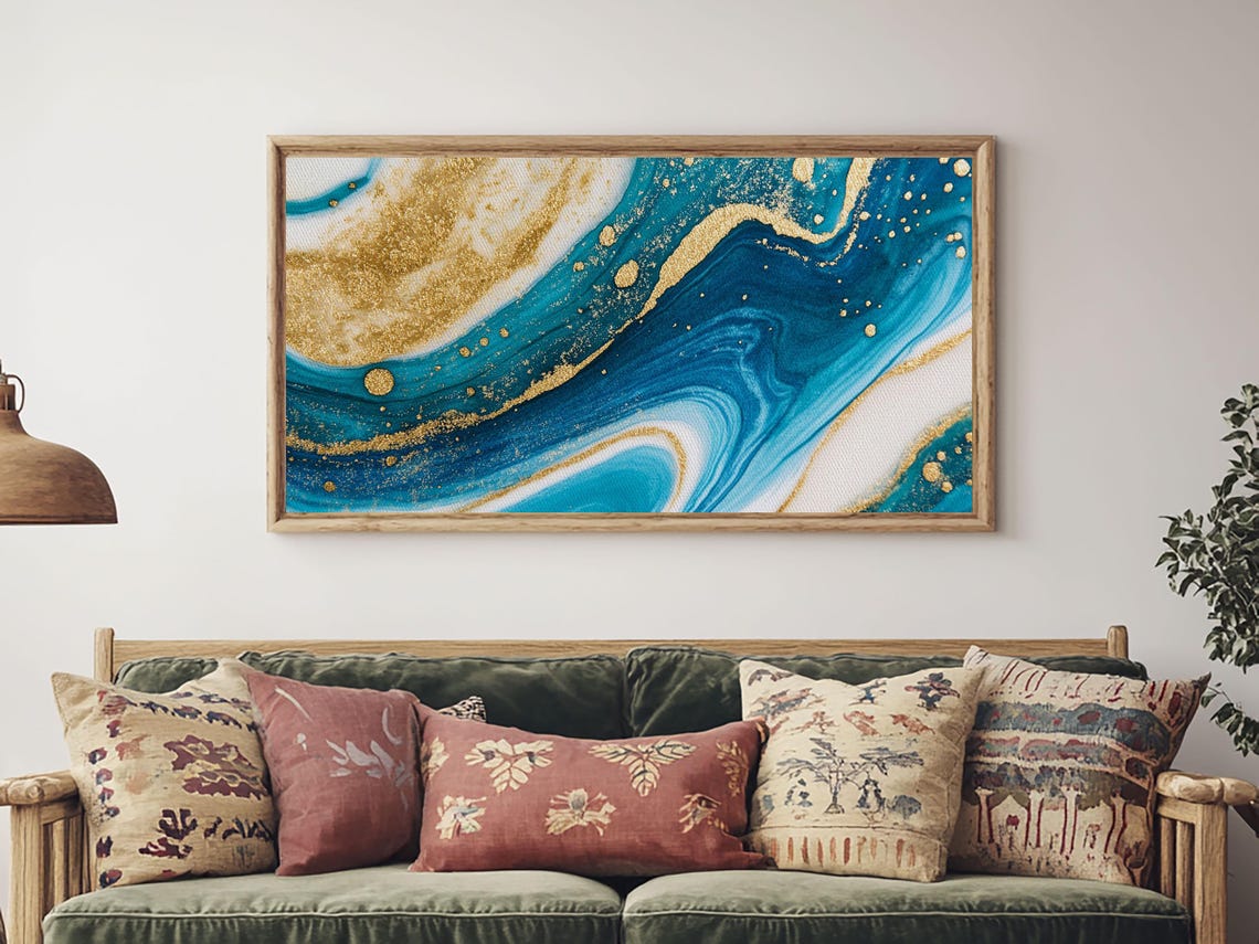 Blue White Gold Marble Abstract Swirl Statement Centerpiece Wall Art - Image 2