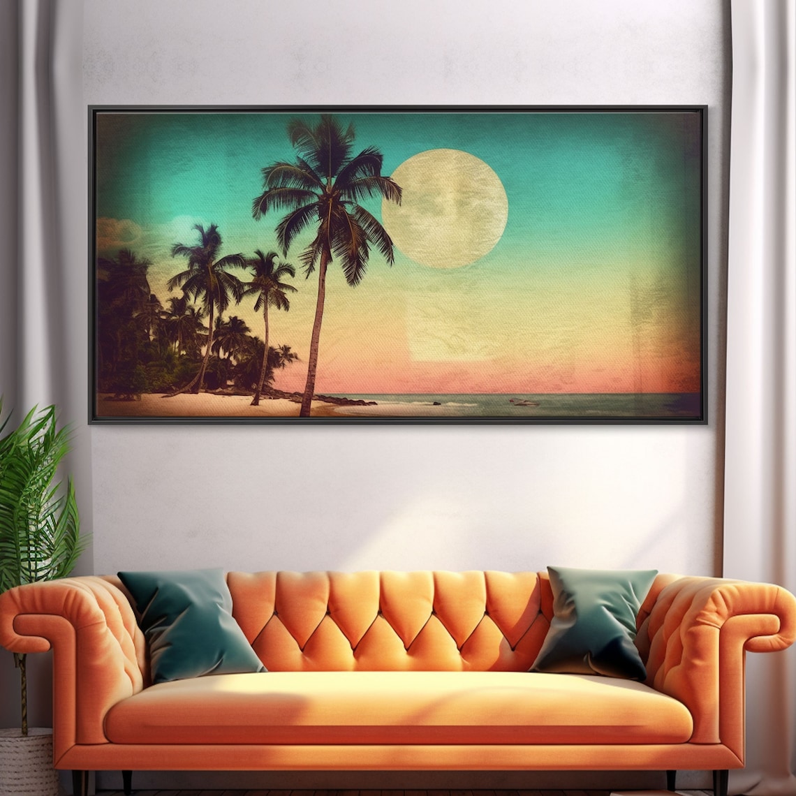 Sunset Over Beach, Tropical Palm Trees Art Print