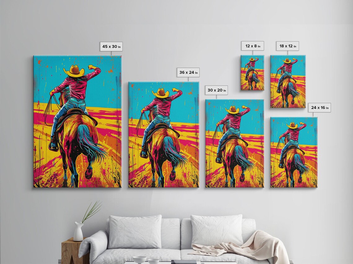 Pop Art Cowgirl Riding Horseback Bold Teal Sunset Western Art Poster - Image 2