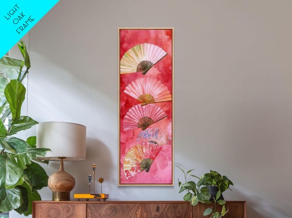 Pink Fans Chinoiserie Framed Print Long Narrow Whimsical Art For Living Room Or Bedroom Light Pink Cottagecore Wall Art