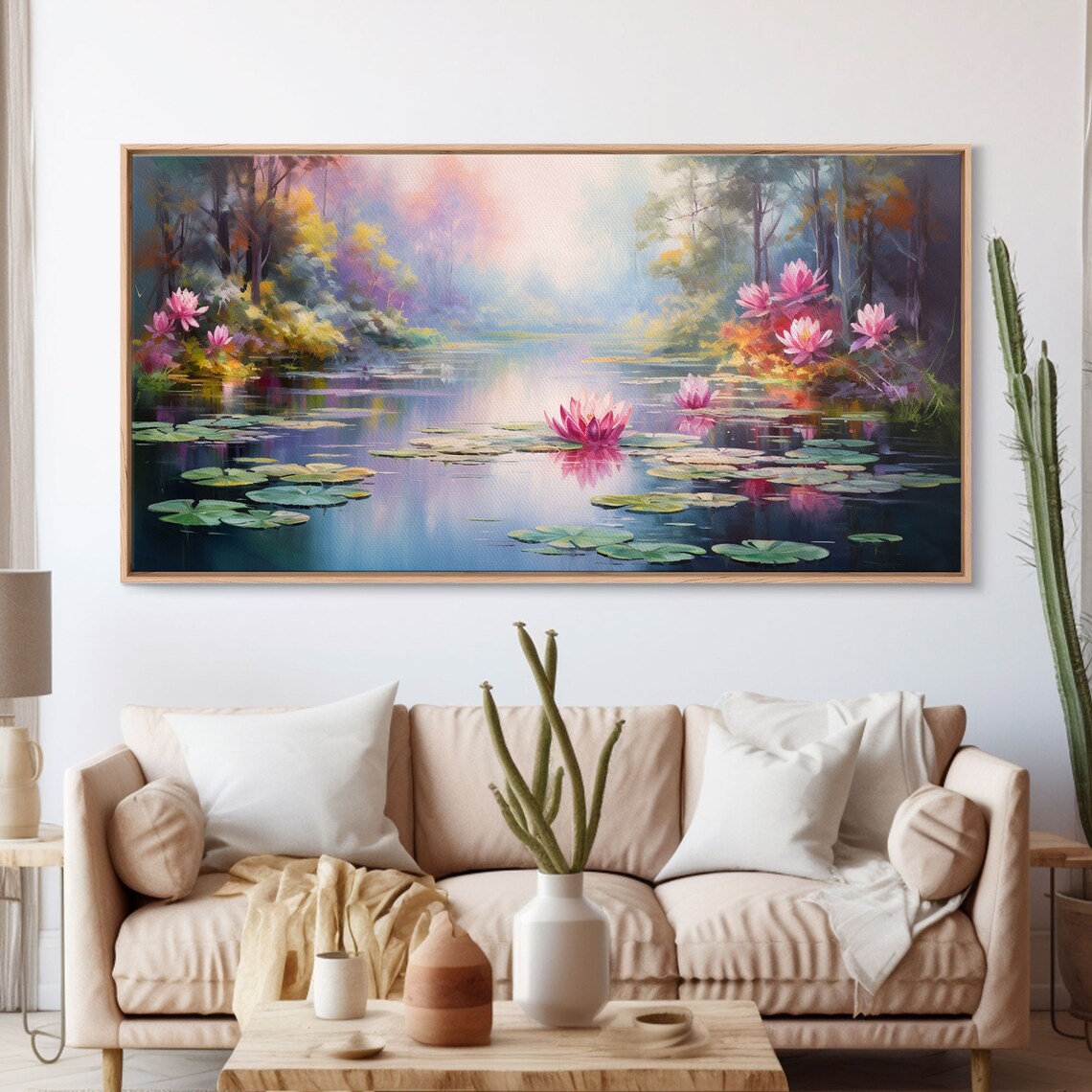 Pink Water Lilies Lotus Pond Misty Forest Impressionist Floral Wall Art Poster - Image 4