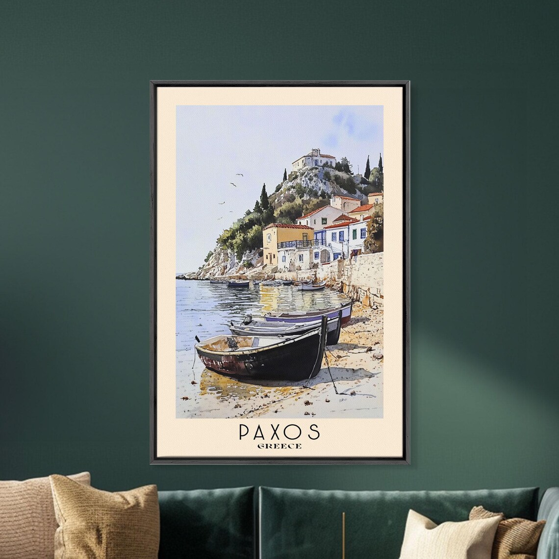 Paxos Greece Harbor Fishing Boats Village Hillside Watercolor Poster - Image 5