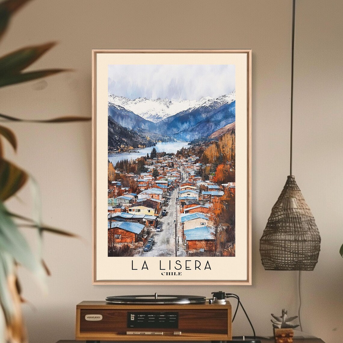 La Lisera Chile Snowy Andes Mountain Town Street Watercolor Poster