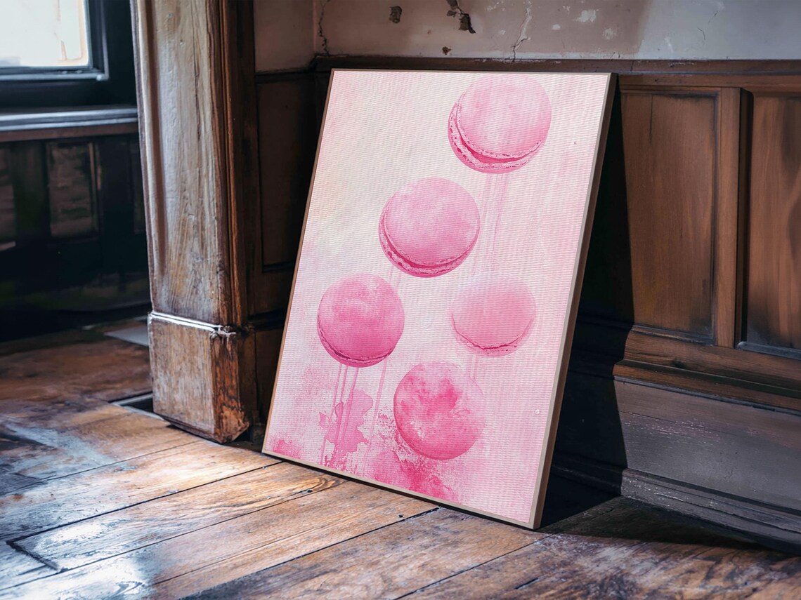 Pink Macarons Floating Playful Watercolor French Dessert Wall Art - Image 6