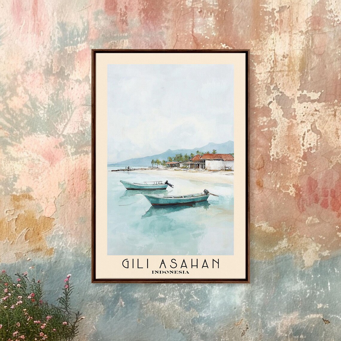Gili Asahan Indonesia Fishing Boats Anchored Calm Water Beach Harbor Watercolor Poster - Image 4