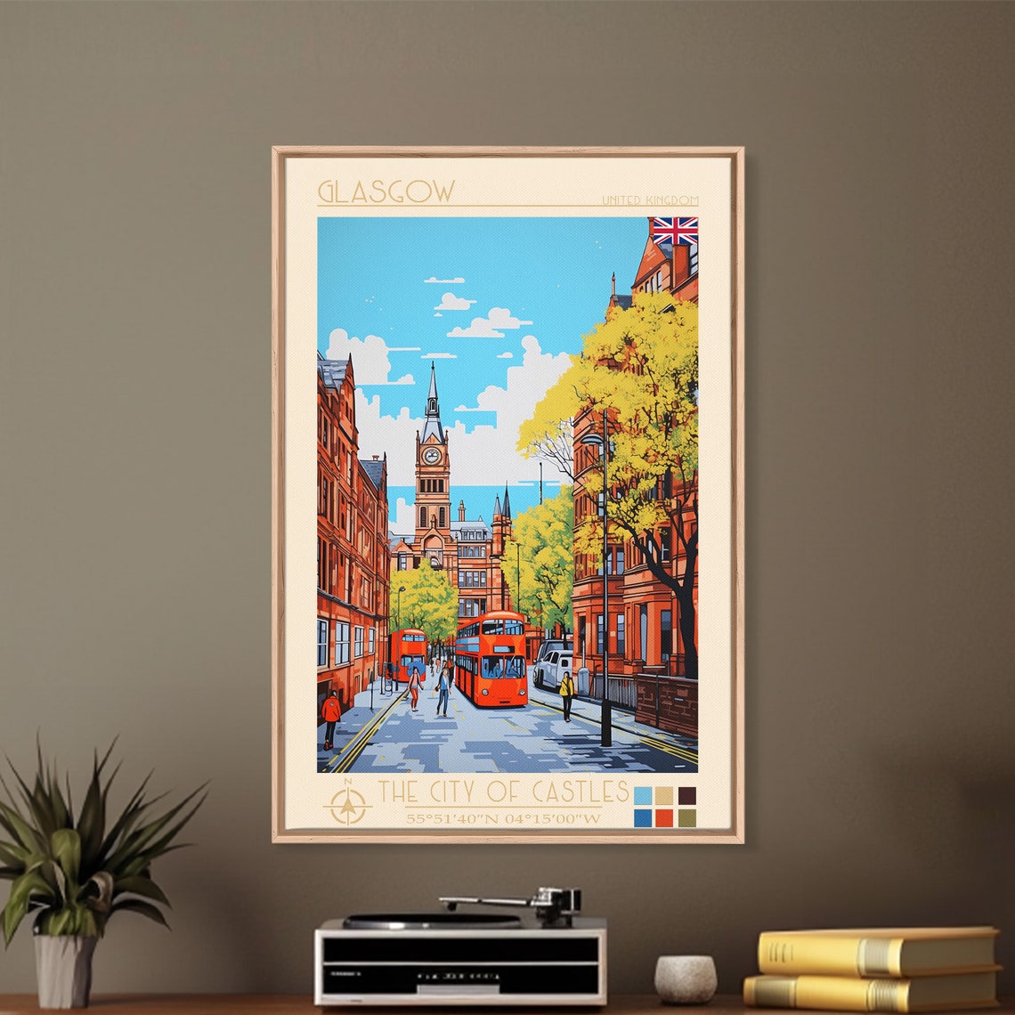 Glasgow United Kingdom Red Brick Street Clock Tower Buses Poster - Image 2