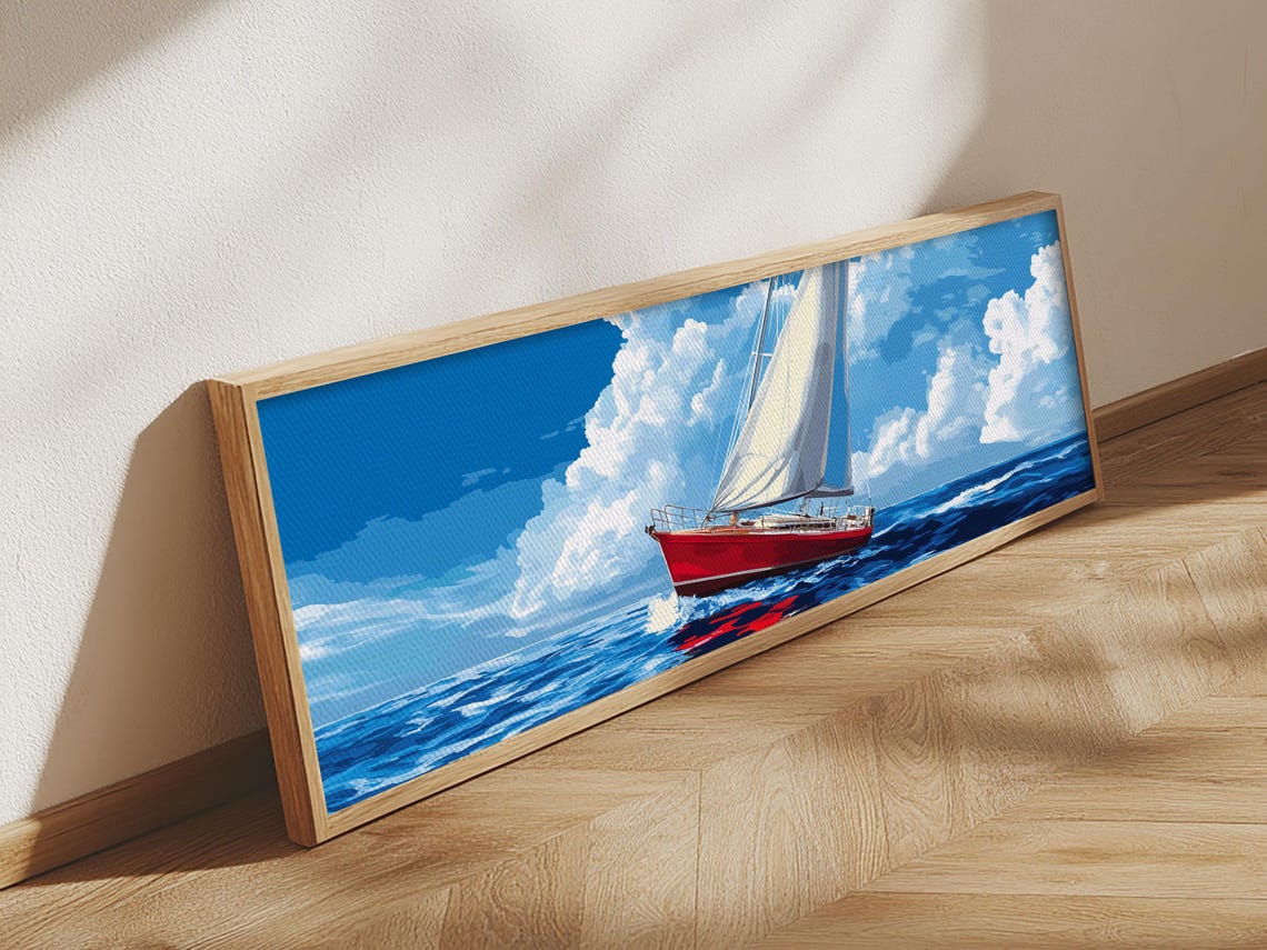Red Sailboat Bright Blue Sea Pop Art Panoramic Nautical Wall Poster