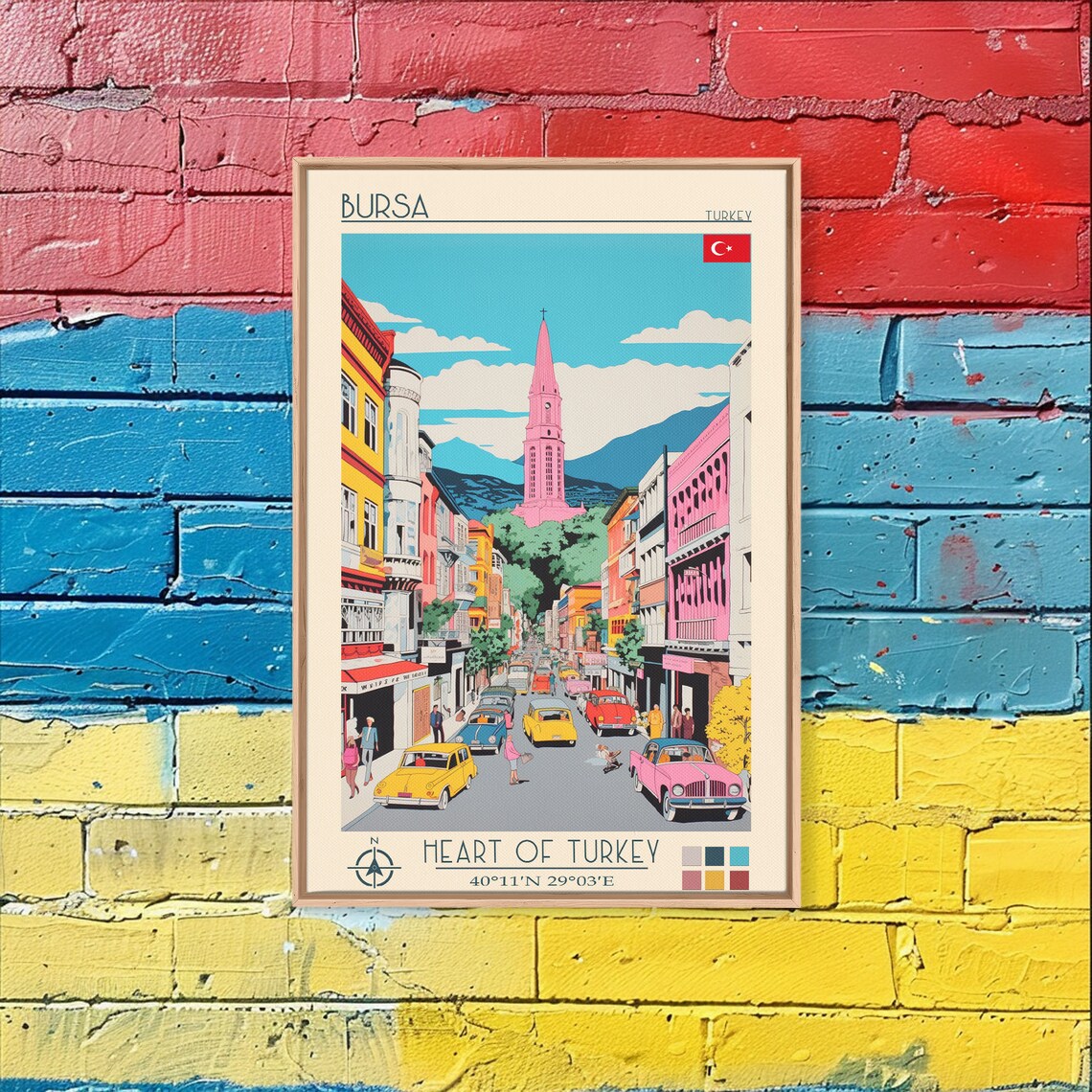 Bursa Turkey Bustling Street Colorful Classic Cars Tower View Poster - Image 5