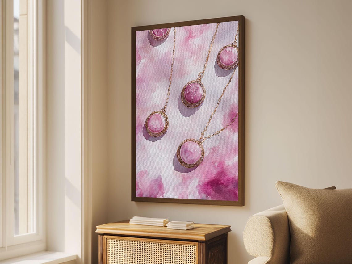 Pink Pendant Necklaces Watercolor Gold Chain Jewelry Art Room Poster
