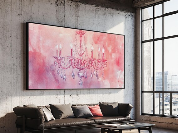 Pink Crystal Chandelier Watercolor Painting Elegant Romantic Wall Art Poster