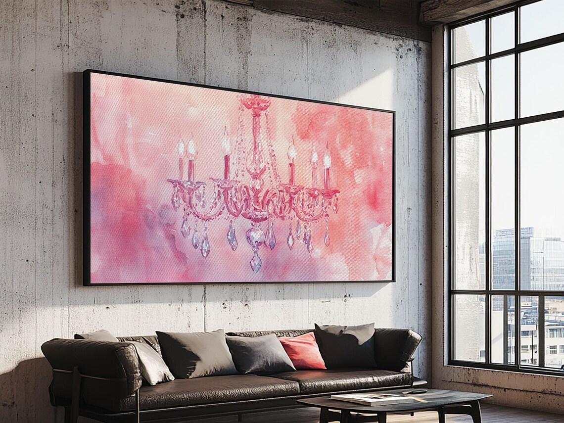 Pink Crystal Chandelier Watercolor Painting Elegant Romantic Wall Art Poster