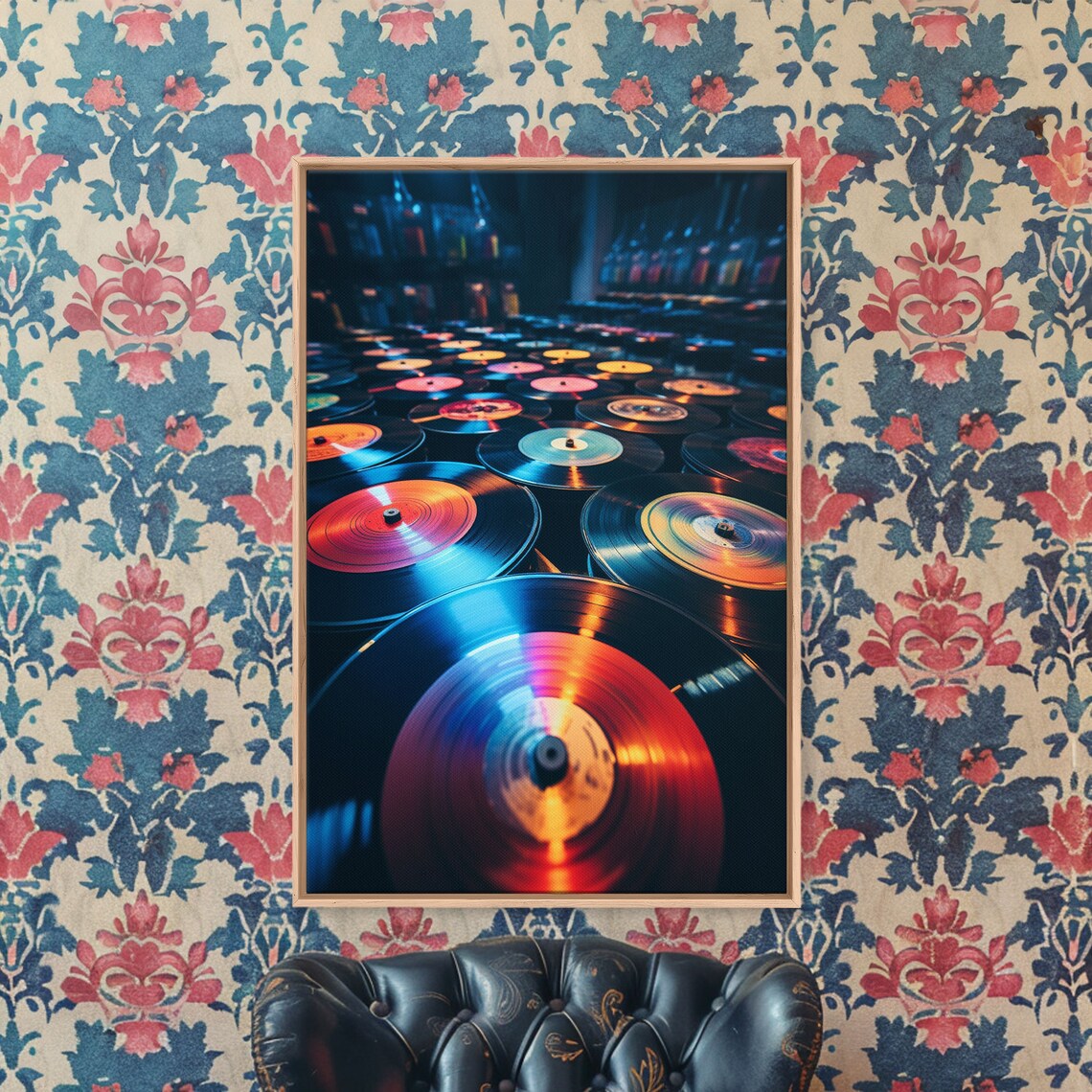 Vinyl Records Close Up Moody Blue Red Glow Music Room Wall Art Poster - Image 5