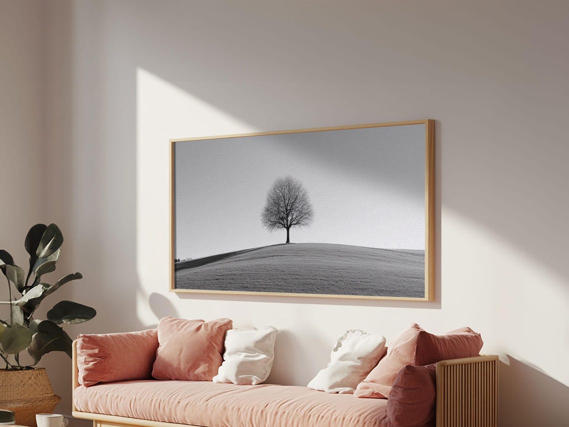 Black And White Lone Tree Hilltop Minimalist Monochrome Art Poster - Image 3