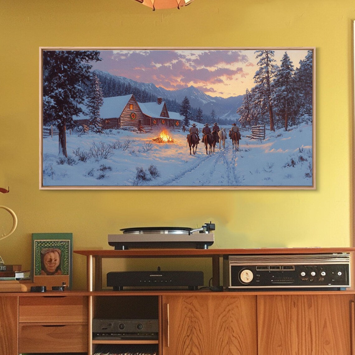 Cowboys Riding Home Snowy Cabin Sunset Campfire Western Wall Art - Image 4