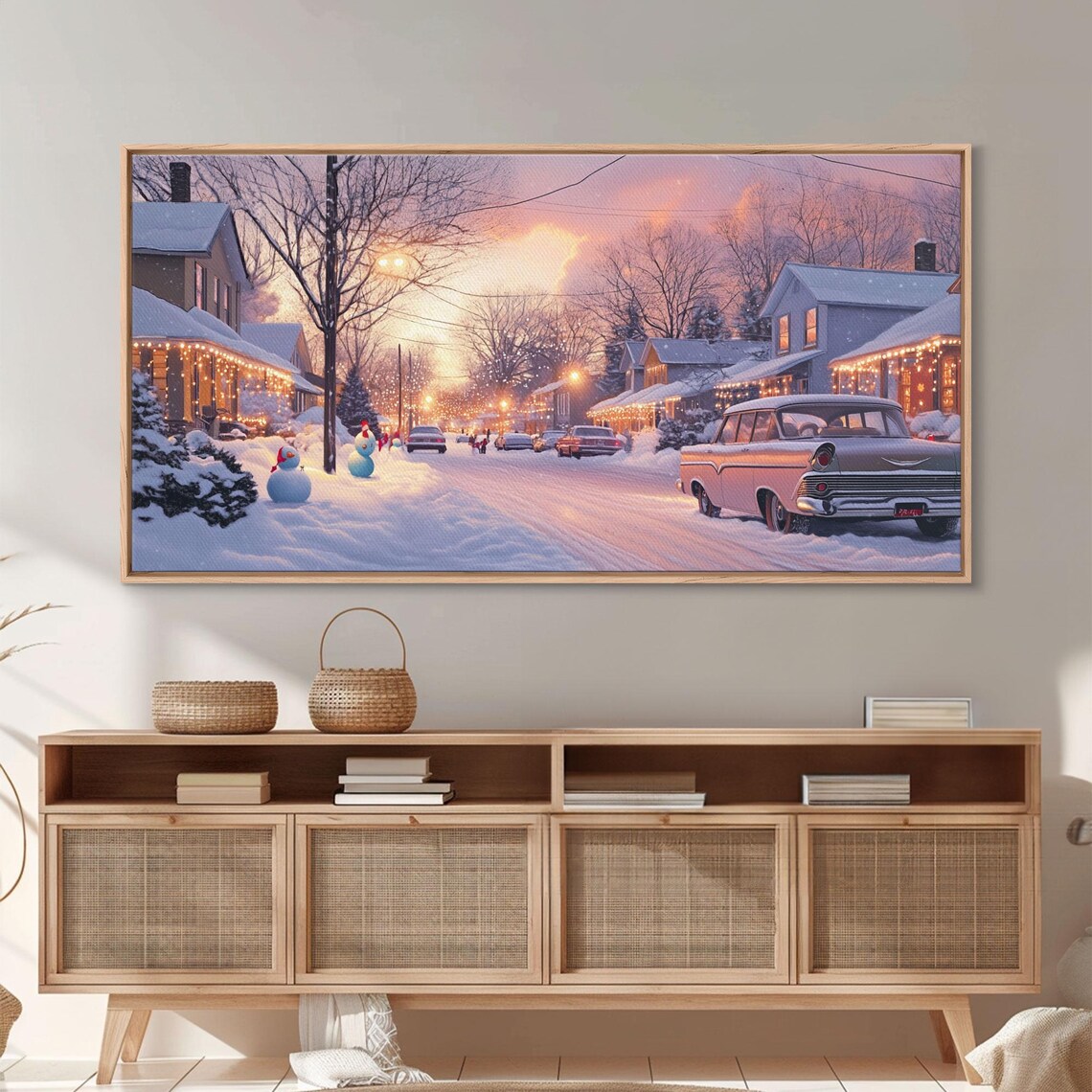 Snowy Suburban Street At Dusk With A Classic Car And Lights Poster - Image 2