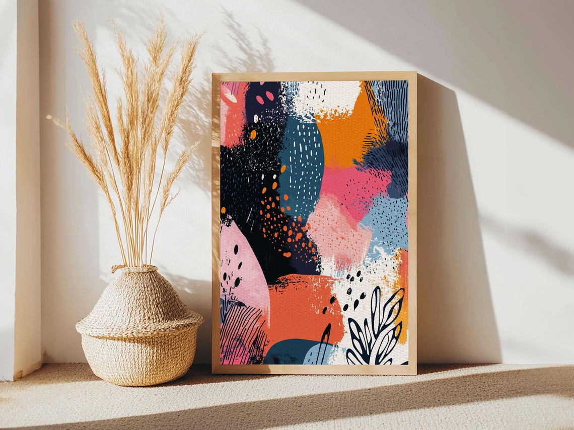 Modern Abstract Organic Shapes Coral Navy Pink Botanical Wall Art