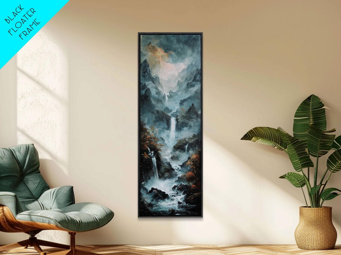 Waterfall Cascading Dark Misty Mountain Gorge Oil Painting Print - Image 2