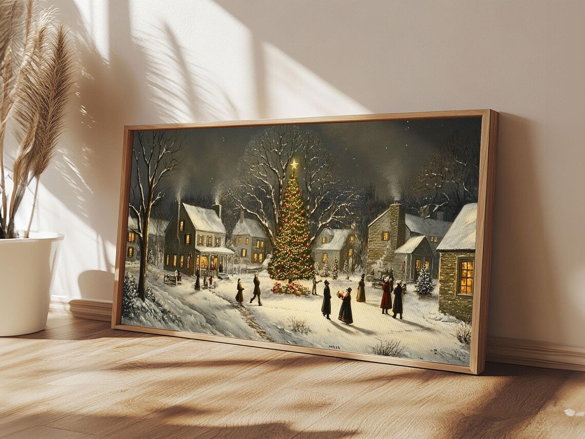 Victorian Christmas Street Night Snowy Lit Tree Oil Painting Print - Image 5