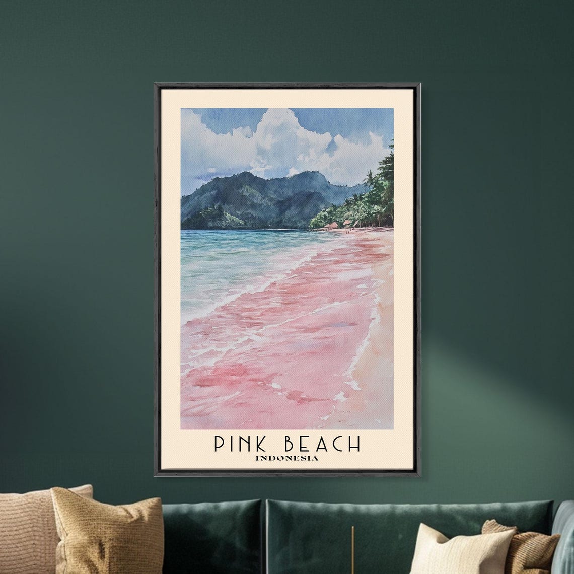 Pink Beach Indonesia Blush Sand Shore Green Hills Cloud Sky Poster - Image 5