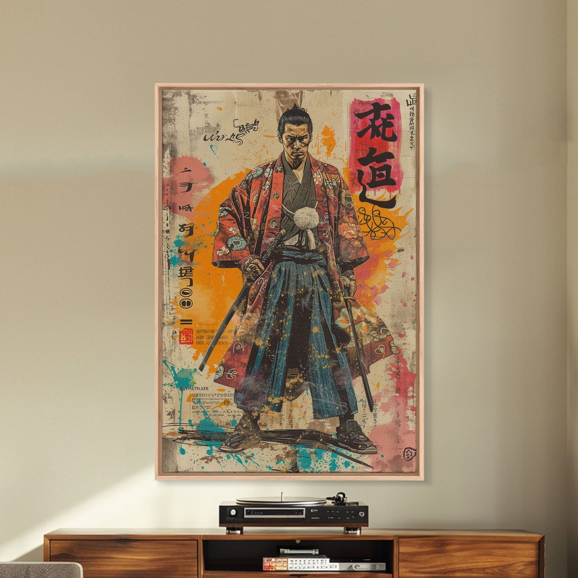 Japanese Samurai in Red Kimono Poster with Two Swords Ukiyo E Style - Image 4