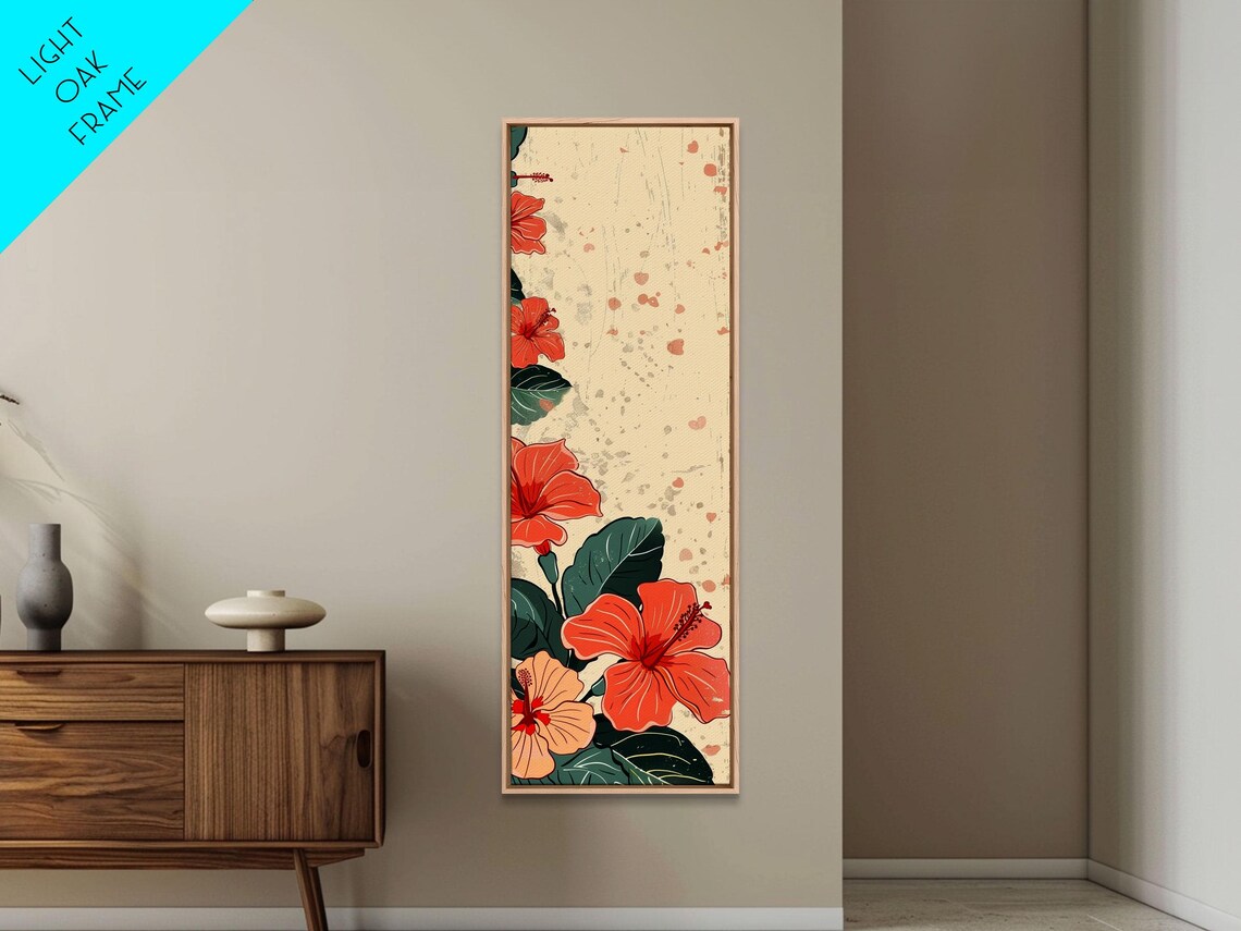 Soft Hibiscus Flowers Red Orange Cream Tall Japanese Art Poster - Image 3