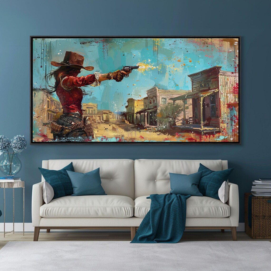 Western Woman With Revolver, Colorful Town Art Print - Image 3