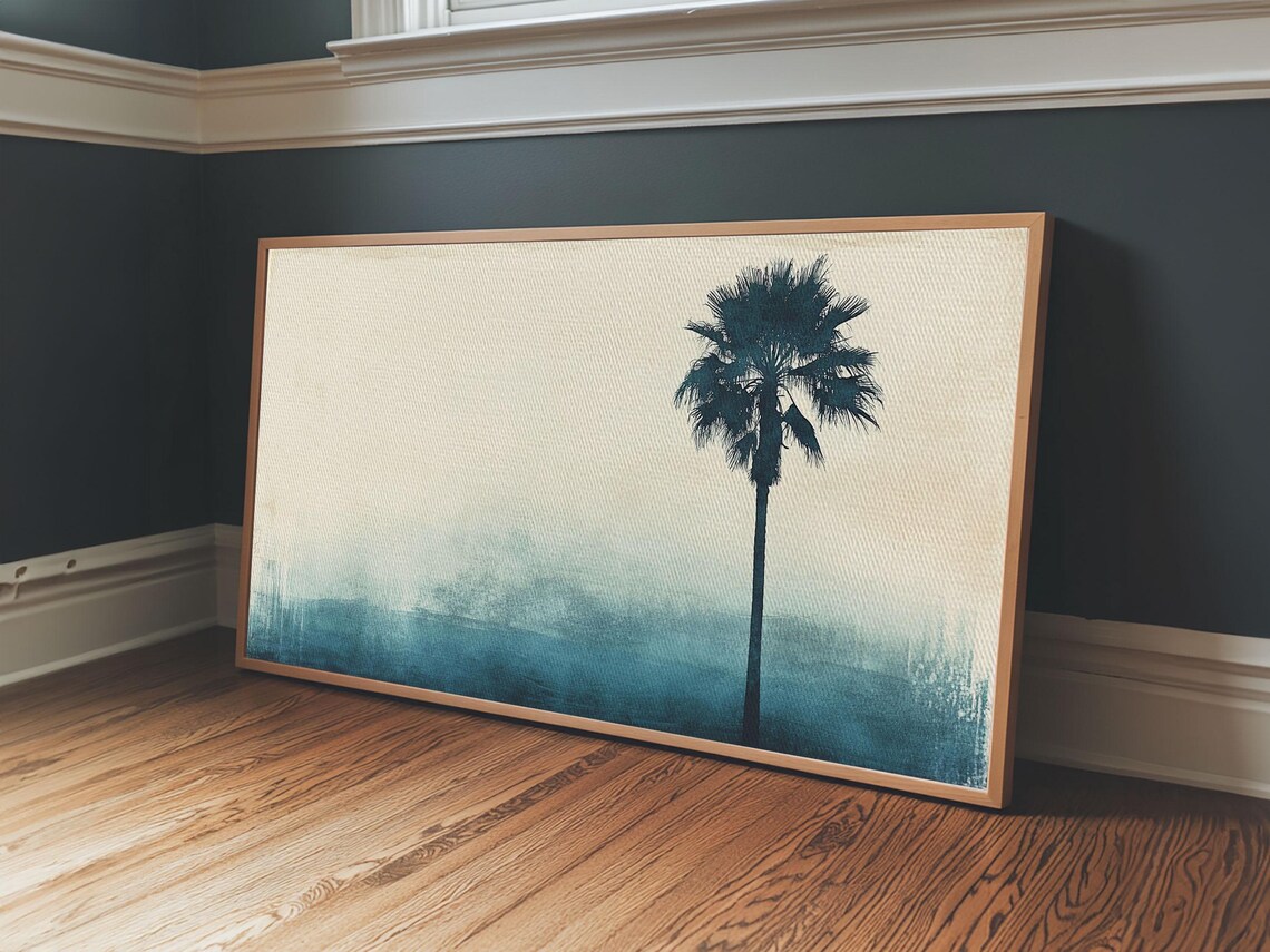 Lone Palm Tree Silhouette Blue Coastal Watercolor Minimalist Wall Art - Image 5
