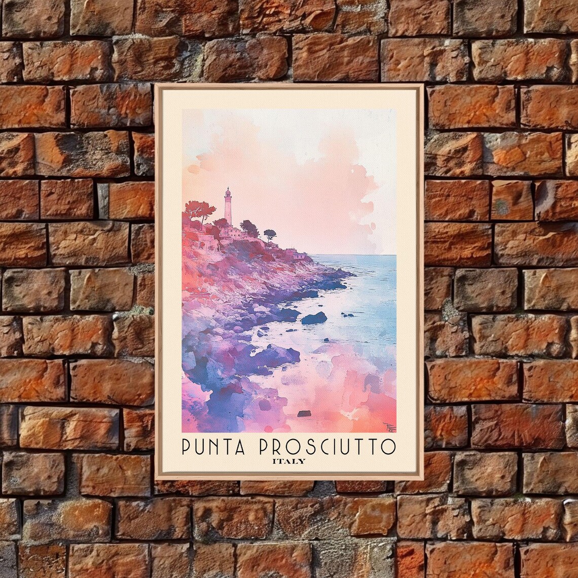Punta Prosciutto Italy Lighthouse Rocky Headland Pink Sunset Coast Watercolor Poster - Image 4