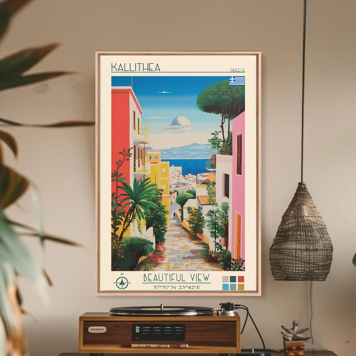 Kallithea Greece Colorful Lane Palm Trees Blue Bay View Poster - Image 2
