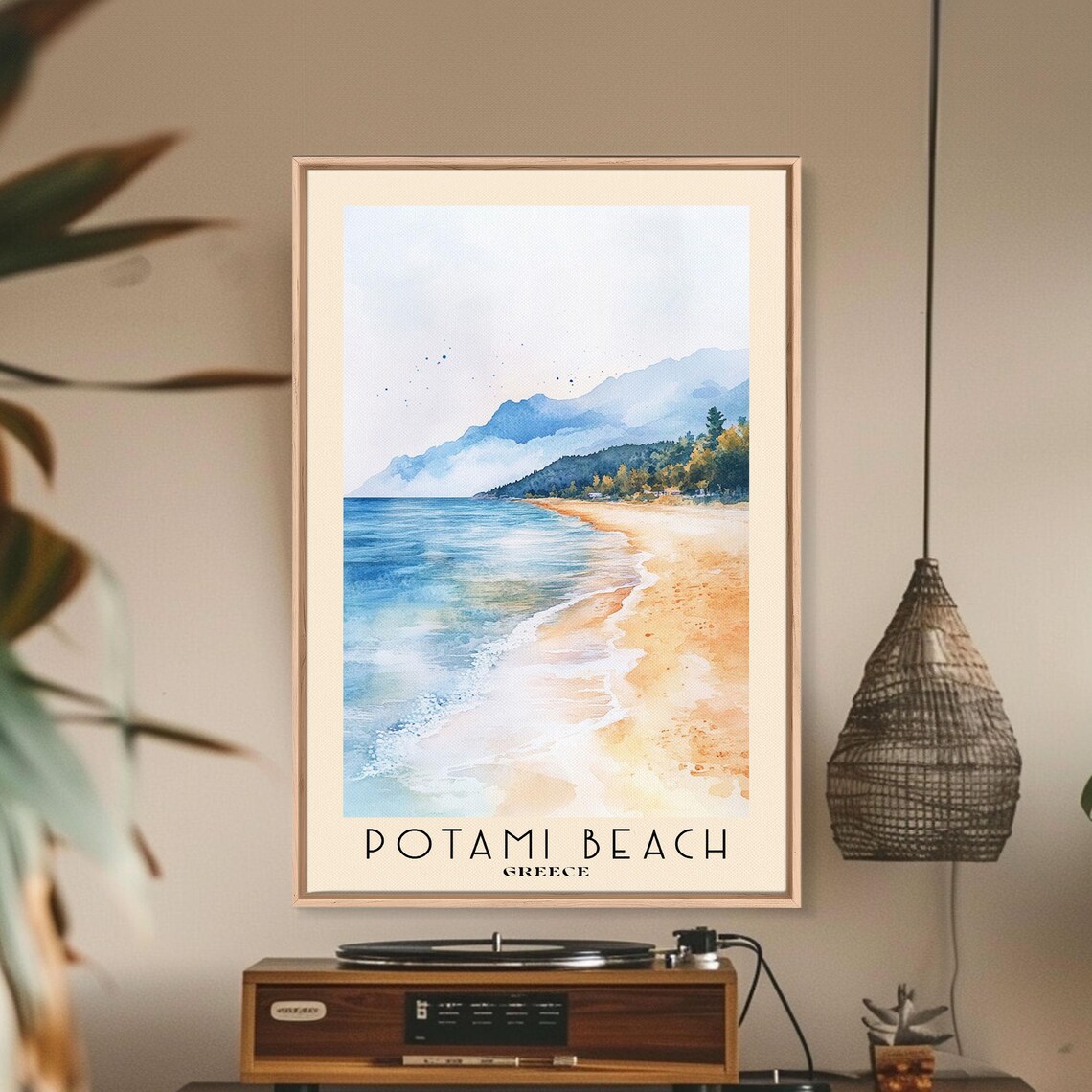 Potami Beach Greece Golden Sand Curve Blue Sea Mountain View Poster - Image 2