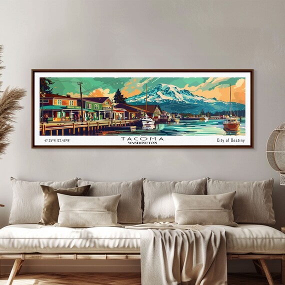 Tacoma Washington Panoramic Painting Mid Century Modern Framed Print Retro Pop Art Travel Poster Wall Decor Gift Idea