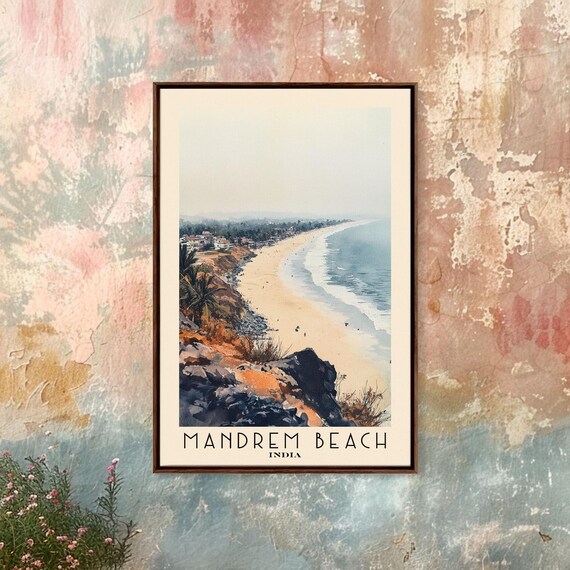 Mandrem Beach India Cliff View Long Sandy Beach Watercolor Travel Poster