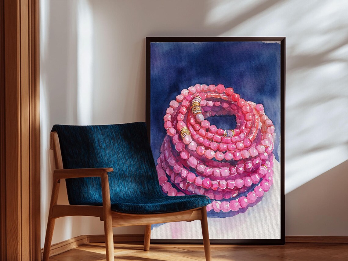 Pink Beaded Bracelets Stacked On Navy Blue Watercolor Wall Art Print - Image 4
