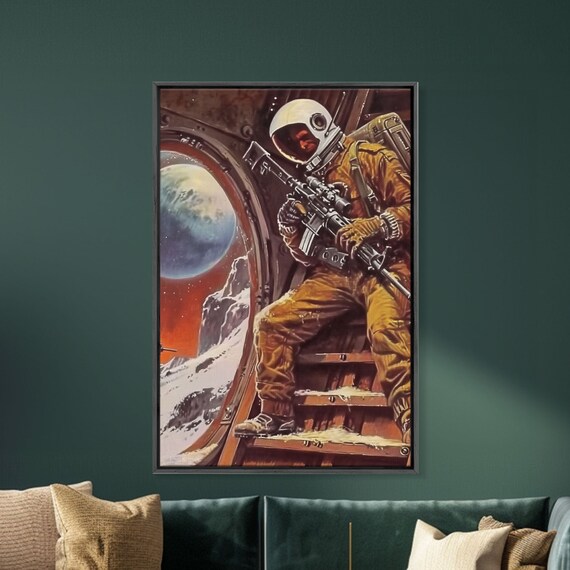 Retro Astronaut Armed Moon Landing Rifle Earth Sci Fi Pulp Poster