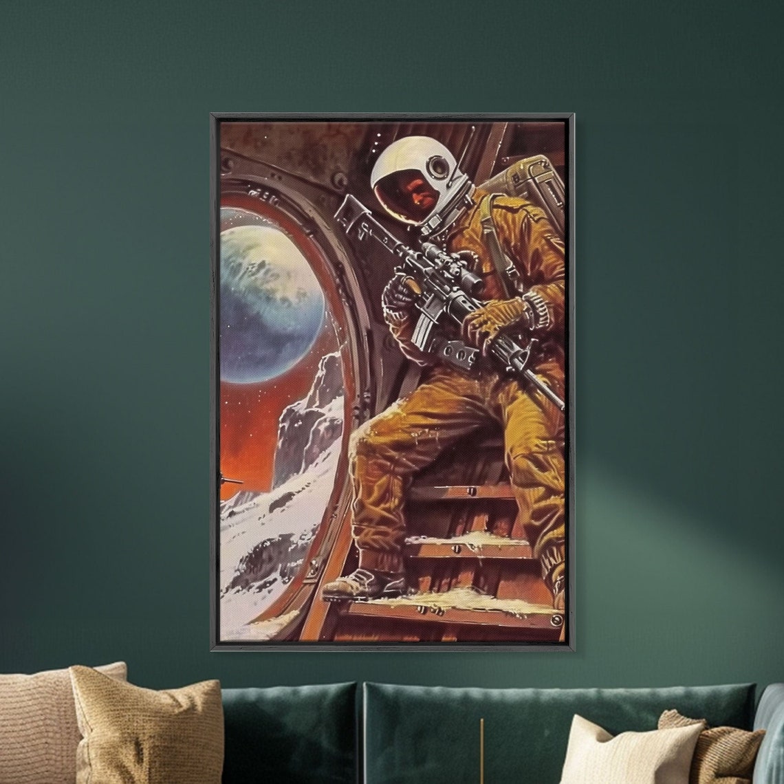 Retro Astronaut Armed Moon Landing Rifle Earth Sci Fi Pulp Poster