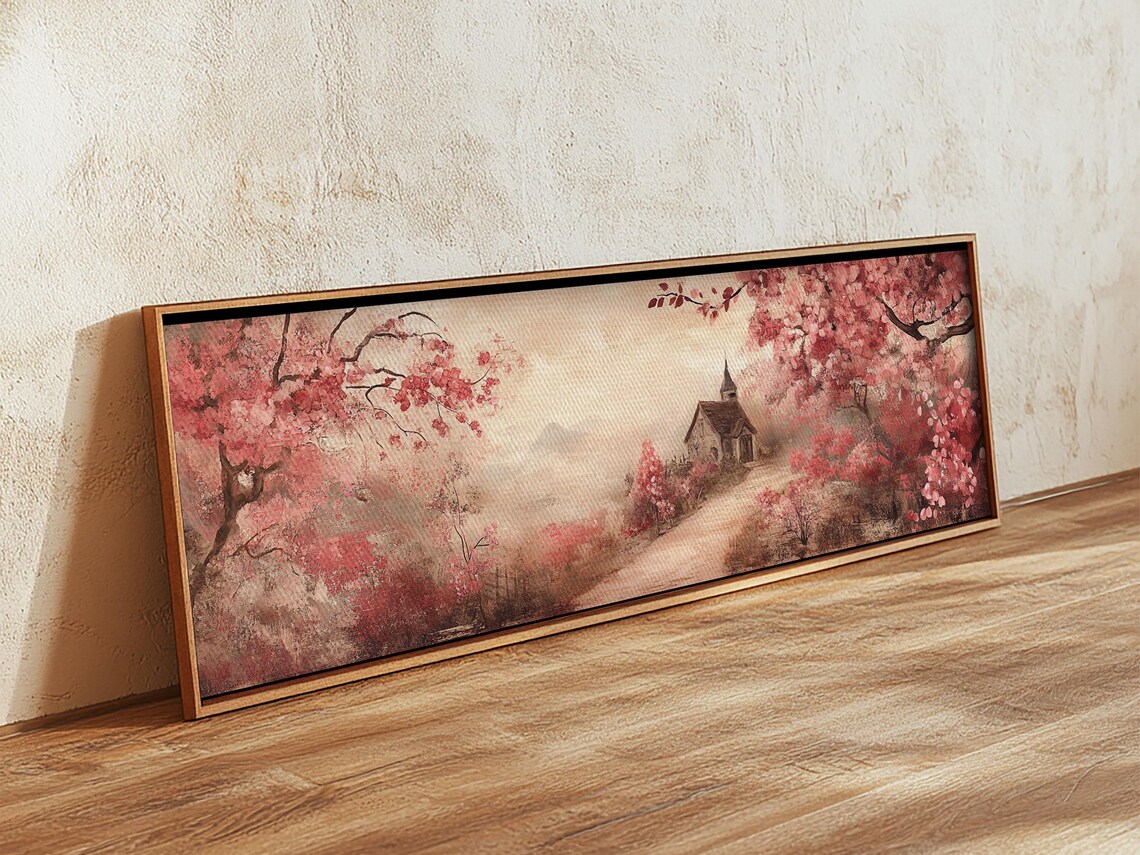 Cherry Blossom Chapel Path Pink Blossoms Misty Panoramic Rustic Wall Poster