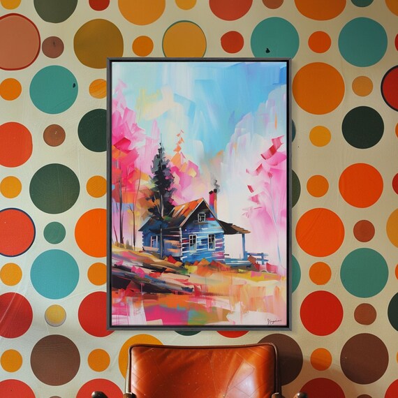 Cozy Cabin In Colorful Forest Framed Print Charming Cottage Wall Art Cozy Living Room Decor Warm Bedroom Art Rustic Home Decor