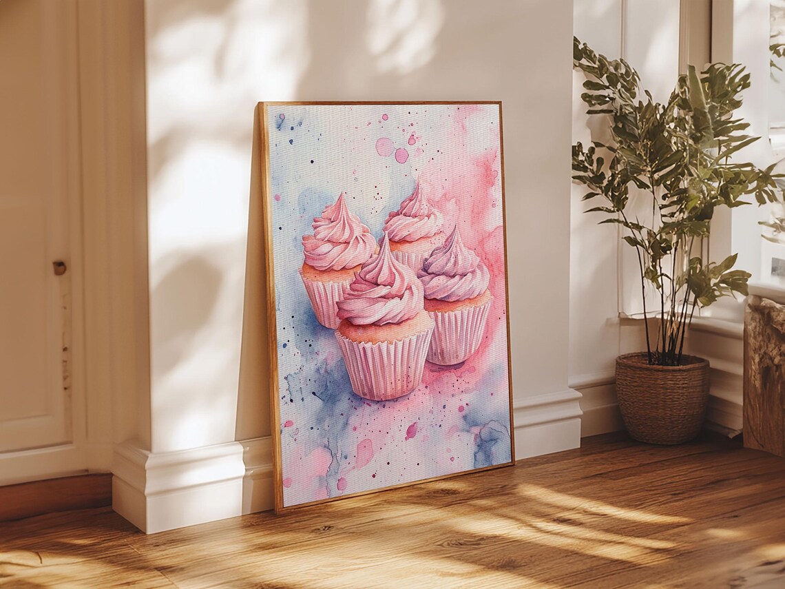 Pink Frosted Cupcakes Watercolor Sweet Dessert Bakery Wall Art Print - Image 3