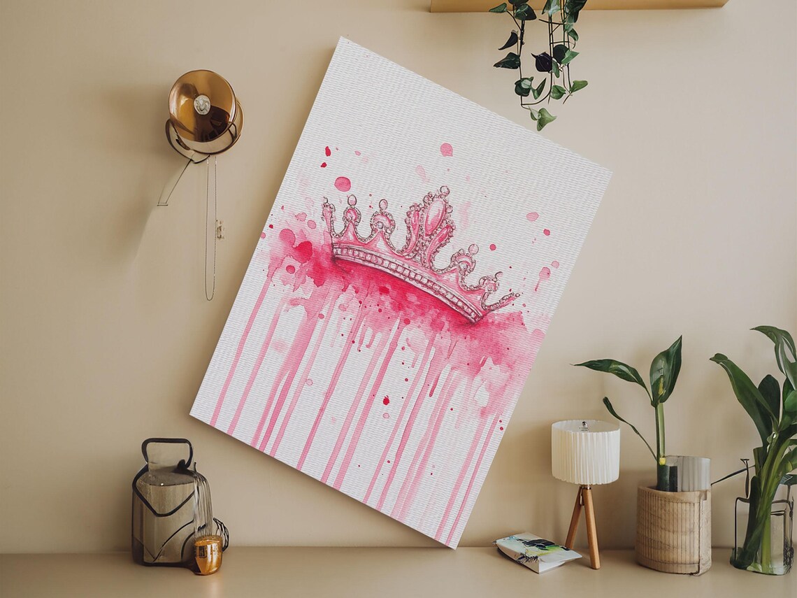 Pink Watercolor Crown Royal Whimsical Princess Feminine Wall Art - Image 5