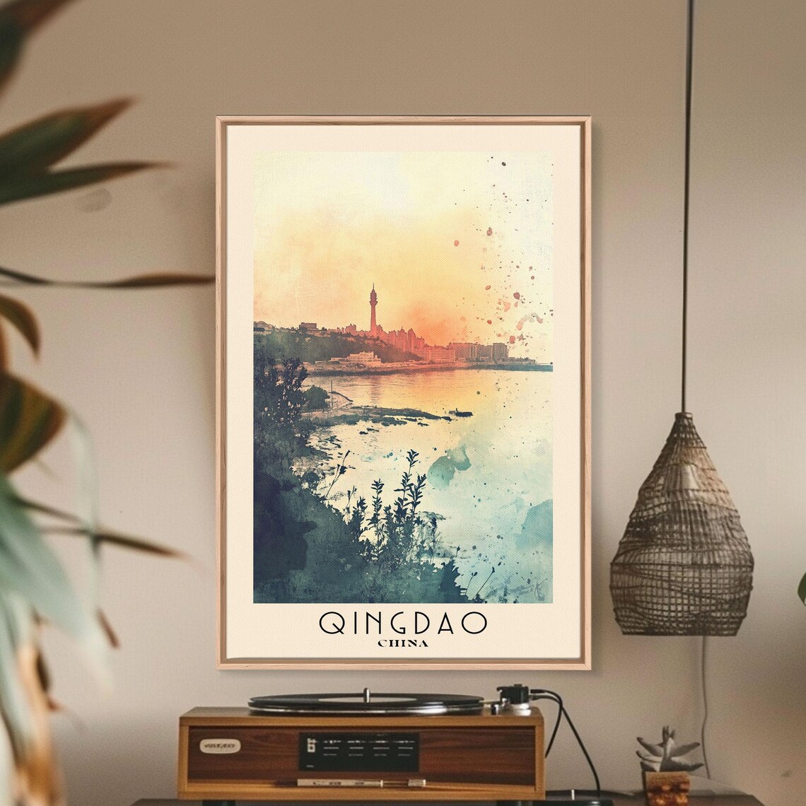 Qingdao China City Skyline Sunset Orange Sky Harbor Tower Coastal Watercolor Poster - Image 2
