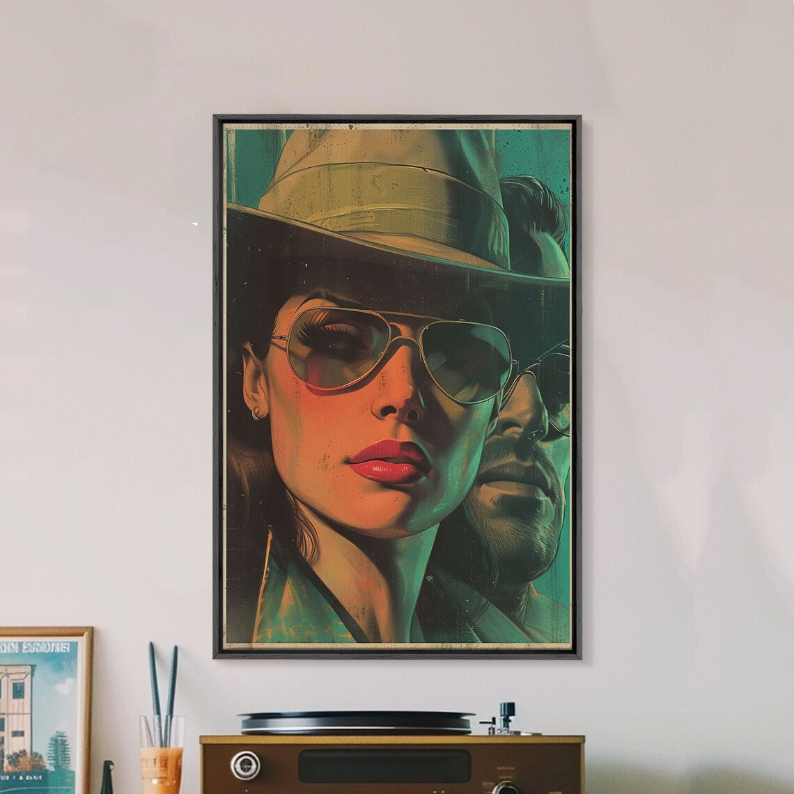 Noir Crime Duo Fedora Aviator Sunglasses Retro Illustration Wall Art - Image 3