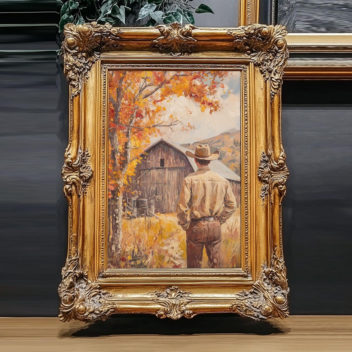 Cowboy Standing Before Weathered Barn Autumn Trees Golden Field Poster