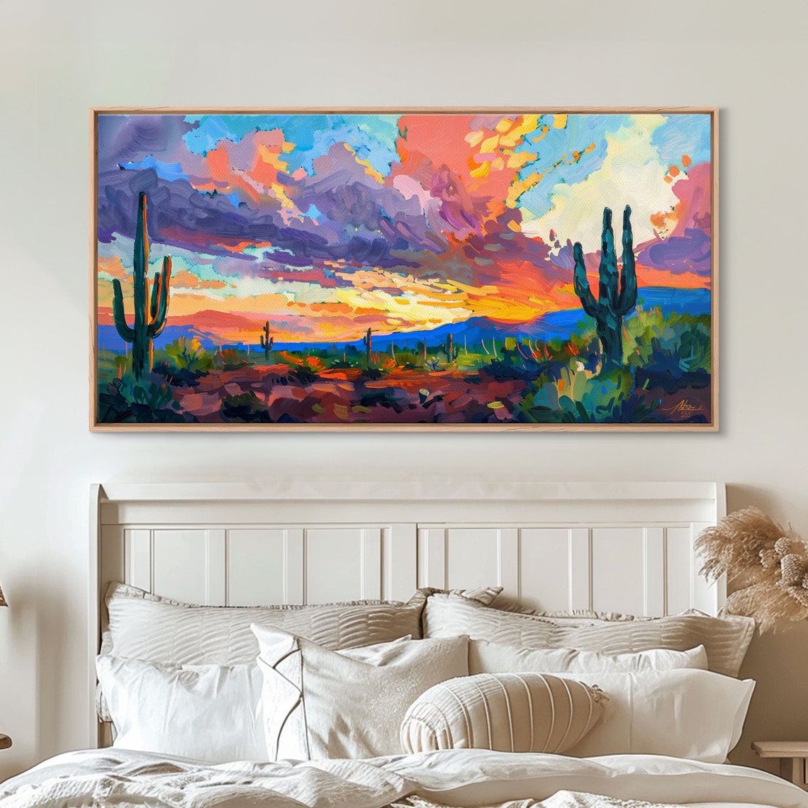 Vibrant Desert Sunset Saguaro Cacti Dramatic Cloud Sky Art Poster - Image 5