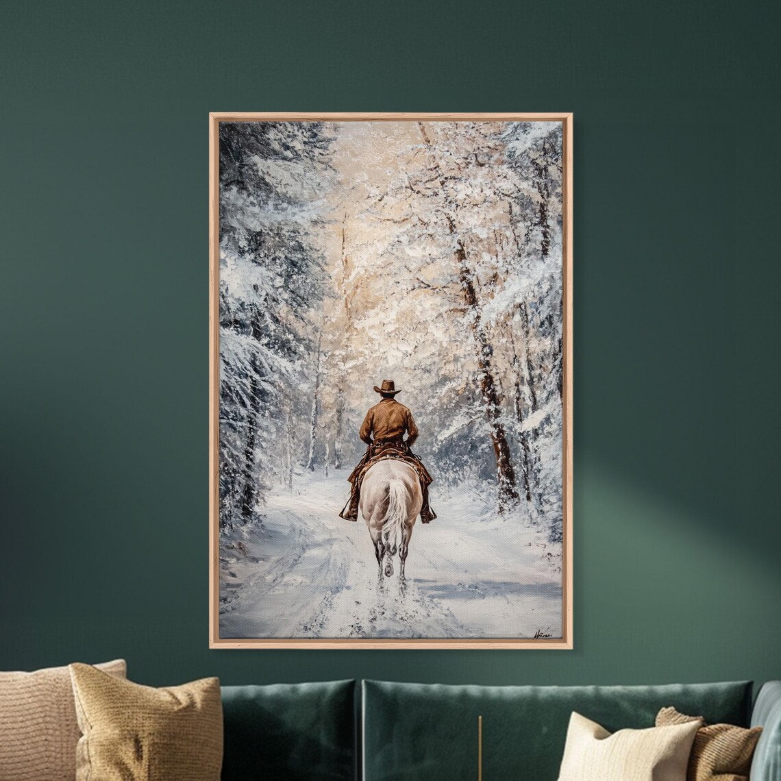 Cowboy Riding White Horse Snowy Forest Trail Winter Western Poster - Image 4